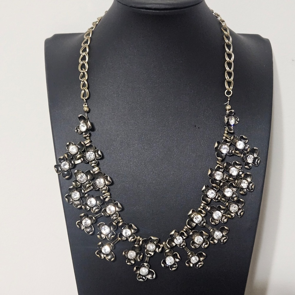 Joan Rivers Gold Tone Black Flower Crystal Dangle Bib Statement Necklace 20"